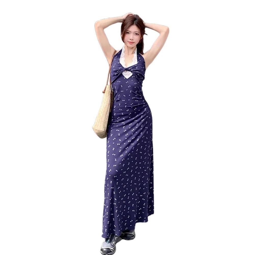 French Lace Neck V-neck Floral Dress Women's Summer New Waist Design Holiday Long Skirt