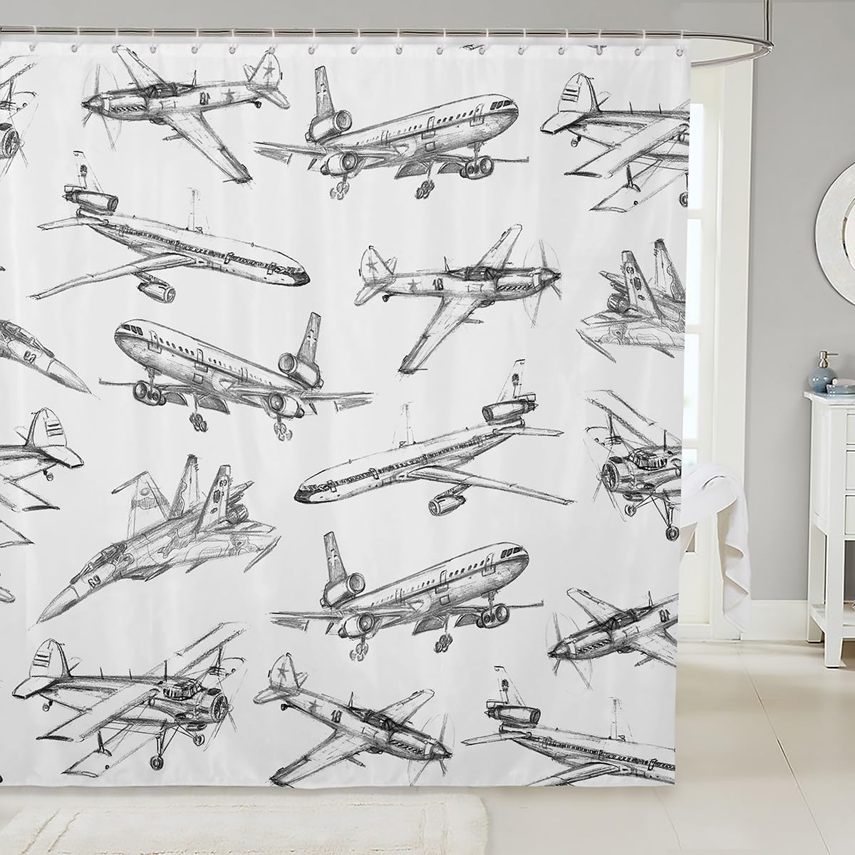 

Airplane Shower Curtain Sketch Style Aircraft Design Vintage Jet Plane Travel Theme Bathroom Decor Waterproof Fabric Kids Boy 90x180cm35x71in