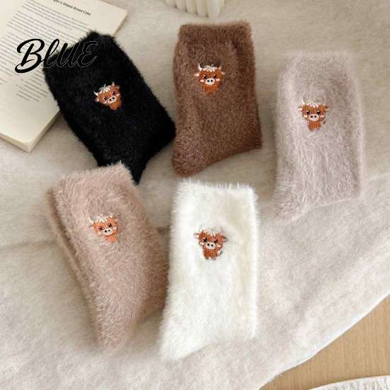 Cute Cartoon Embroidery Socks 5 Pairs Imitation Mink Plush for Women Soft Thermal Winter Socks Non Slip Velvet Thickened Sleep with Embroidery,