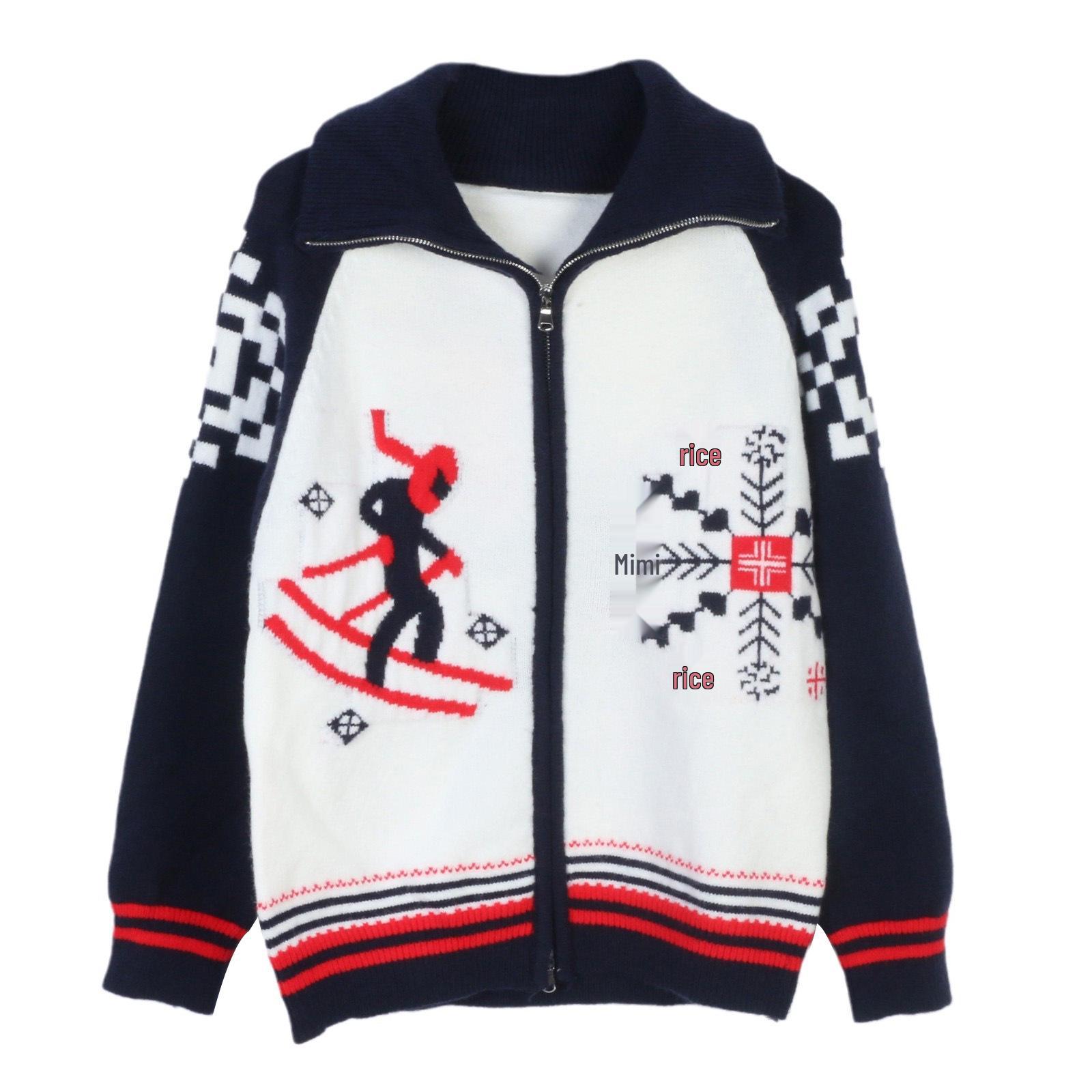 

Women s High-End Korean Style Autumn/Winter Color Block Jacquard Double Zipper Knitwear Large