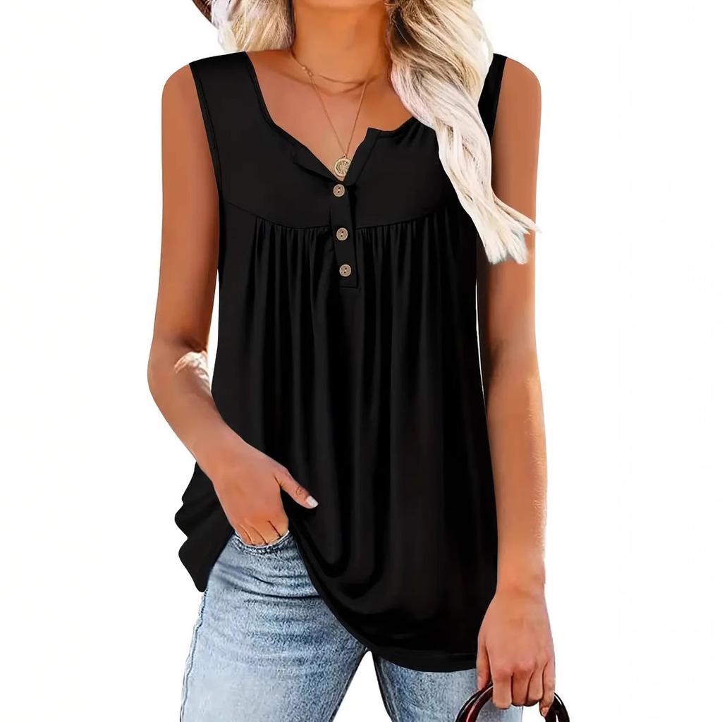 Women's Notch Neck Sleeveless Plus Size Tank Top Solid Color Front Pleated Button Casual Camisole