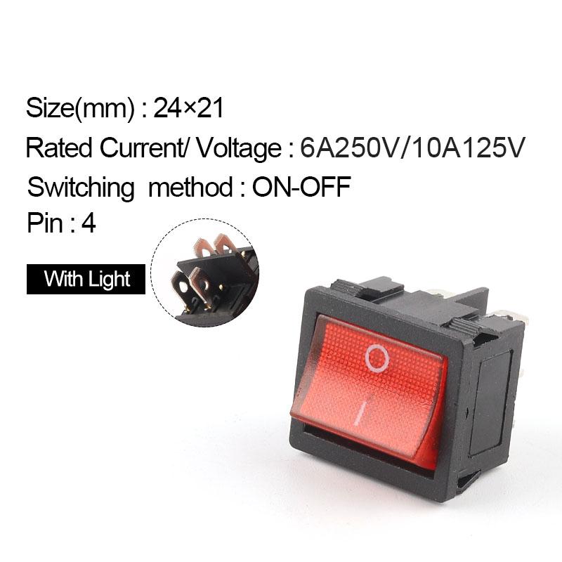 5PCS 24*21mm 4/6 Pin 2/3 Position 6A/10A 250V/125V ON-OFF/ON-OFF-ON/ON-ON Electric Power Switch Rocker Switch Red /Black