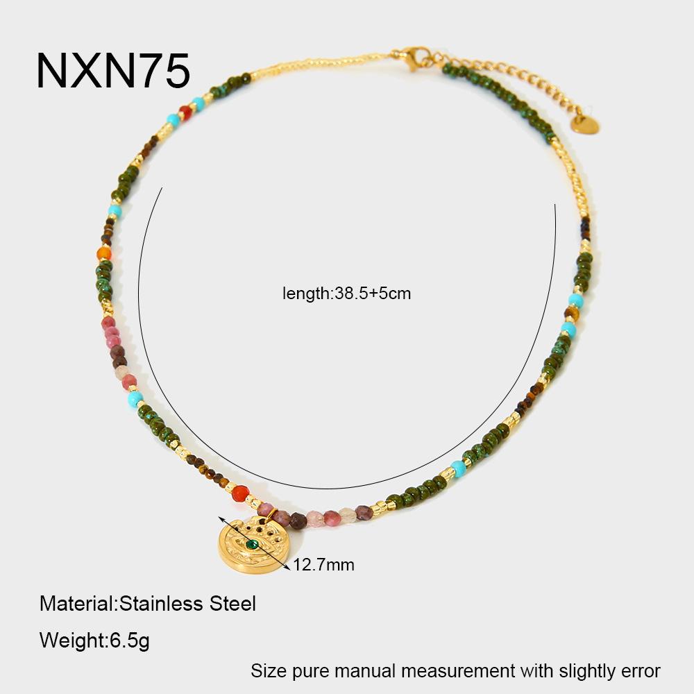 Ins Bohemian retro natural stone beaded necklace women's stainless steel plated 18k eye pendant design