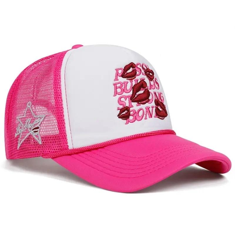 lip print 3D embroidery women men outdoors baseball cap Summer shading breathability Hip hop mesh cap trucker hat