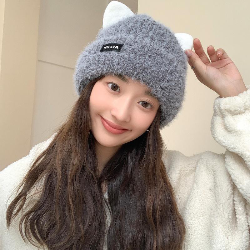 New Autumn and Winter Cute Cat Ear Knitted Hat for Women In Winter Warm Ear Protection Wool Hat Showing Face Small Pullover Hat Trendy