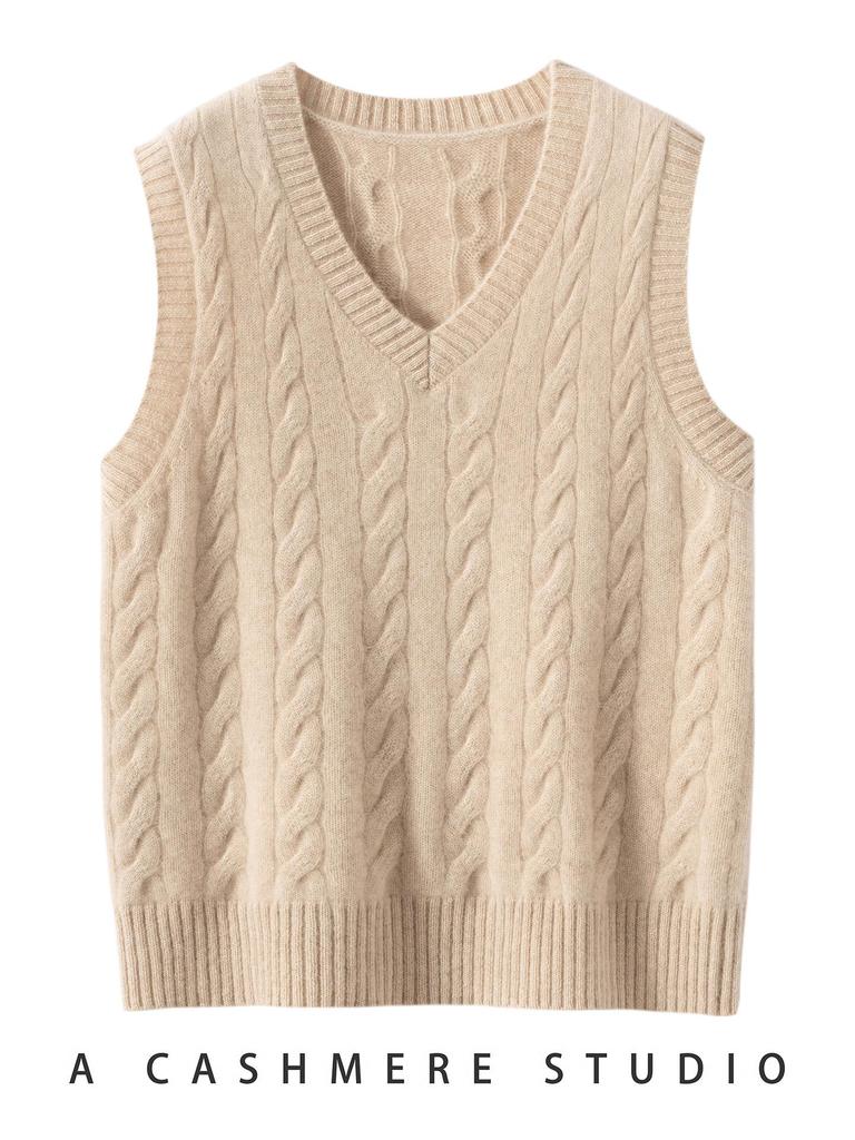 Women's 100% Pure Cashmere V-neck Cable Knit Vest for Autumn/Winter