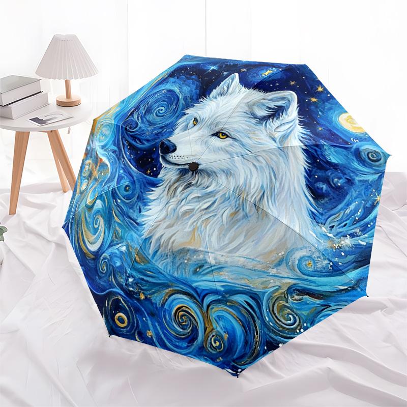 1 Stück Automatischer Faltregenschirm - Weißes Wolfsmuster, Tragbares & Faltbares Design mit 8 Speichen, Weihnachts-Geburtstagsgeschenke