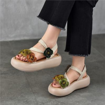 Retro Genuine Leather Flower Roman Platform Sandals Versatile Soft Soled Women's Shoes