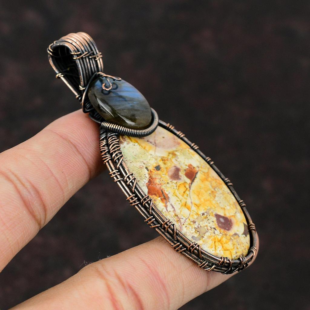 Vogelaugenjaspis Anhänger Kupferdraht umwickelter Anhänger Handgefertigter Labradorit Anhänger Schöner Kupferschmuck Jubiläumsgeschenk Edelsteinanhänger