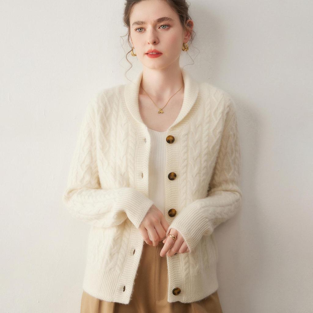 2025 Women's Cashmere Cable Knit Mandarin Collar Cardigan - Autumn/Winter, Long Sleeve, Seven-Needle & Thickened for Warmth