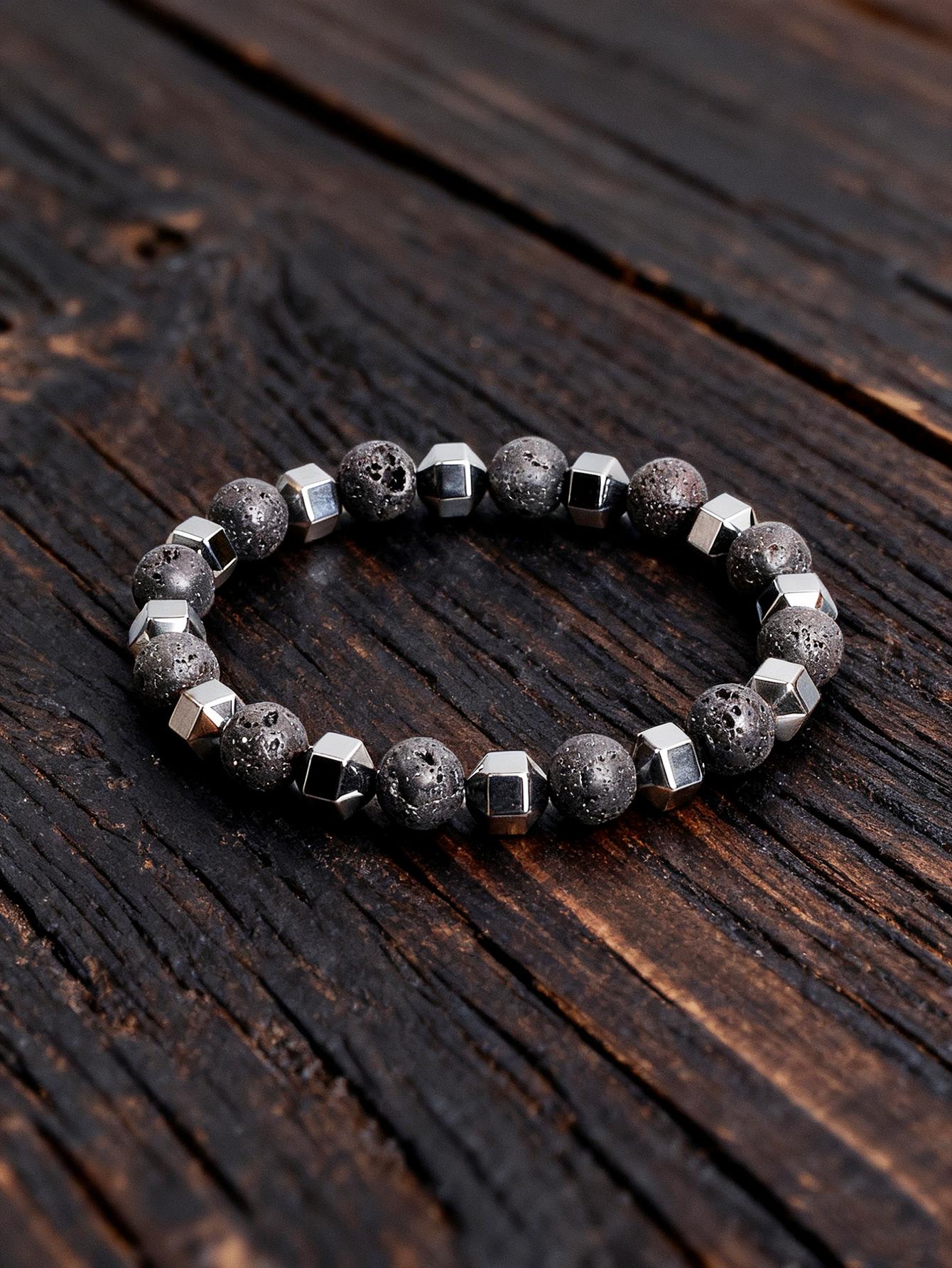 

Natural Stone Bracelet with Lava Rock Volcanic Stone and Faceted Hematite Bead for Vigour Protection Grounding & Courage Jewelry 17cm-6.69inch