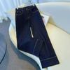 Frühling und Sommer Fett Mm Übergröße Dunkelblaue Jeans Weitbeinige Hosen Damen Locker Hohe Taille Retro Neun-Punkt Gerade Hosen