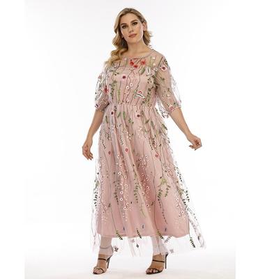 Kadınlar için Çiçekli Tül Artı Boyutu Elbiseler Yuvarlak Boyunlu Dantel Aplikler Elbise Yaz Örgü Şeffaf Bling Çiçek Pilili Elbise Banliyö Moda Elbiseler