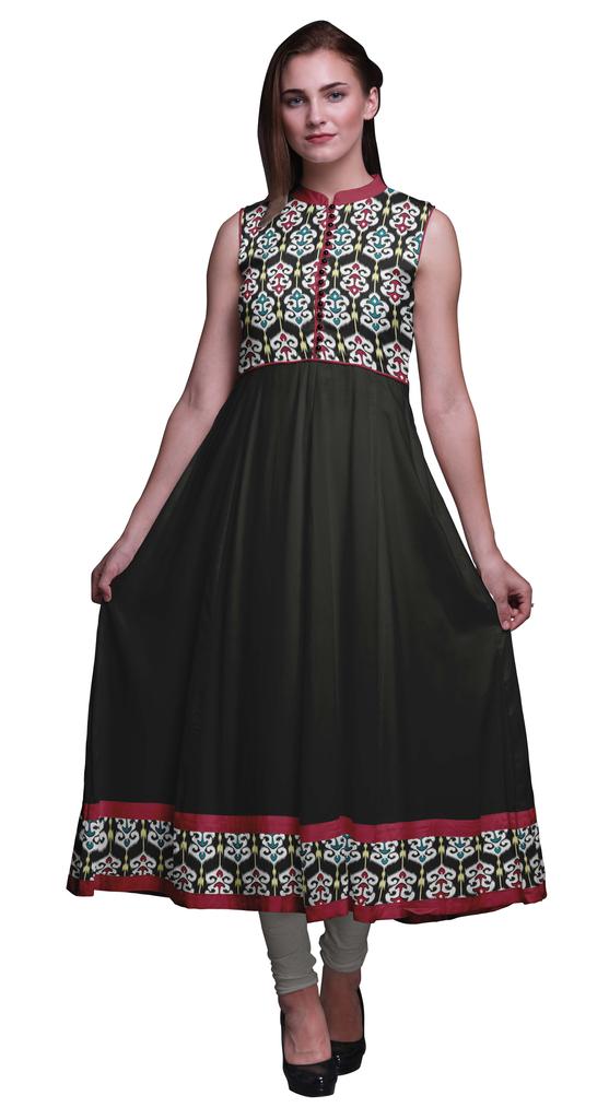 Bimba Black Floral Printed Women Designer Mandarin Collar Anarkali Dress Indian Ethnic Kurta