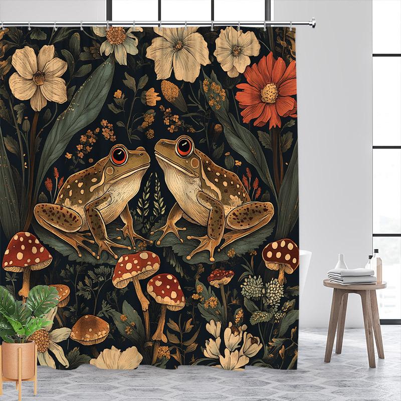 Zahradní sprchový závěs Žába a houba Veselý design v zemitých barvách, Barevné houby a listy, Omyvatelný polyester