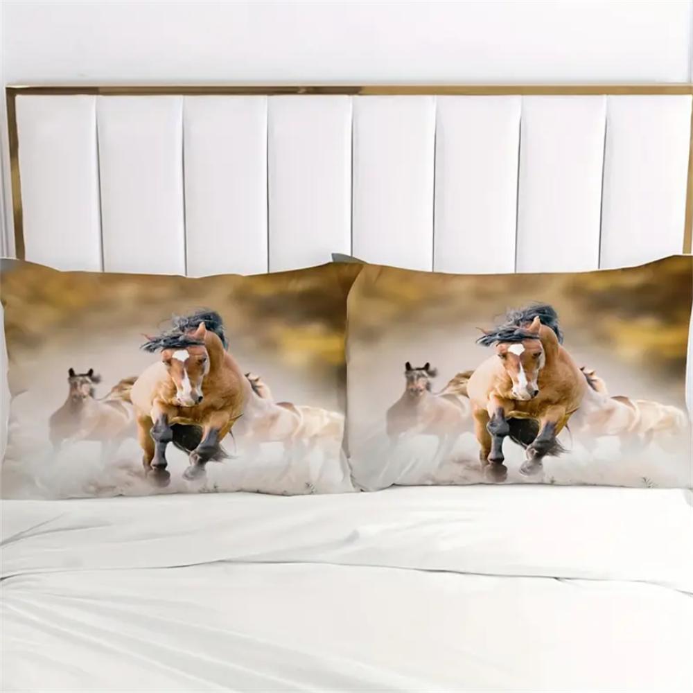 2/3pcs Vibrant Horse Natural Animal Sand Print Fitted Sheet Set - Soft 100% Polyester Material, Breathable, Hypoallergenic