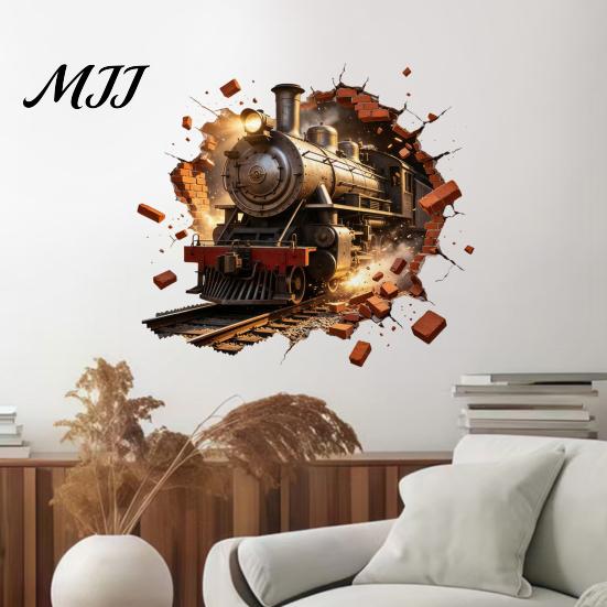 Waterproof PVC Wall Mural 3D Retro Train Sticker, Break Through Decal, Peel and Stick Art Durable Scratch Resistant Cover for Kids Room Bedroom