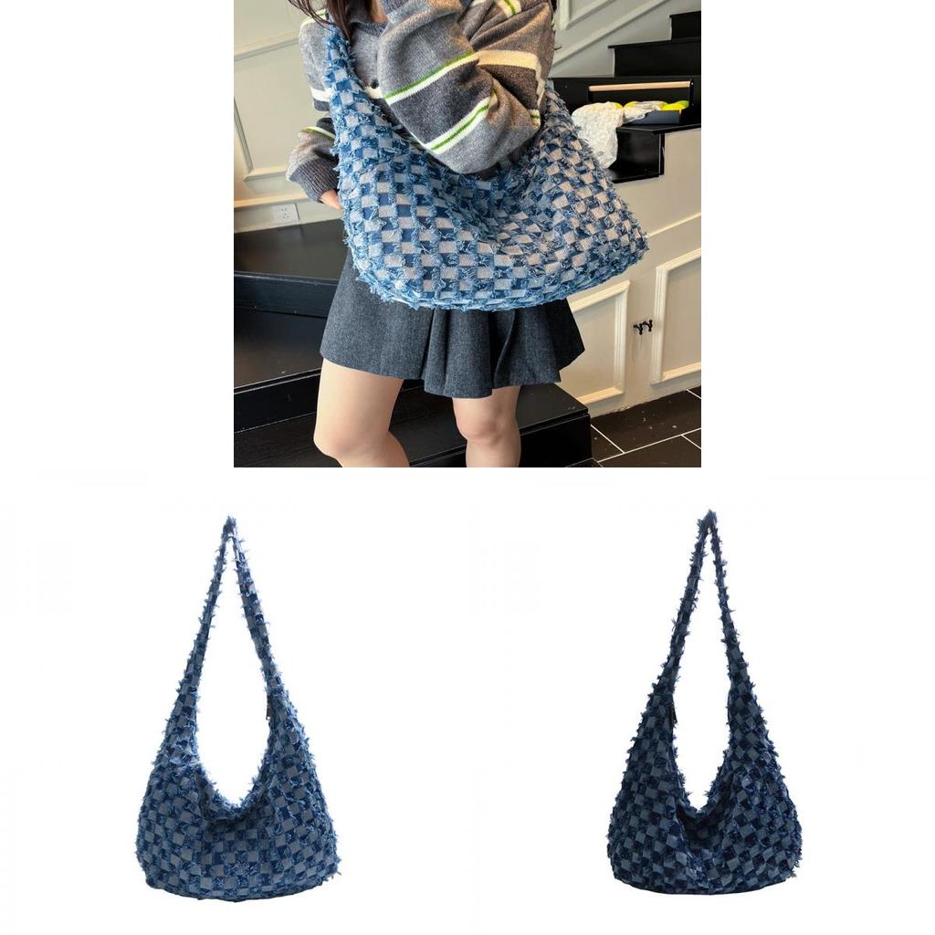 Denim Plaid Shoulder Bag With Zipper Closure For Casual Urban Style