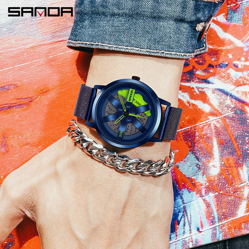 Sanda Men's Fashion Quartz Watch, Mesh Strap, Waterproof, Outdoor Casual, Hollow Wheel Dial.