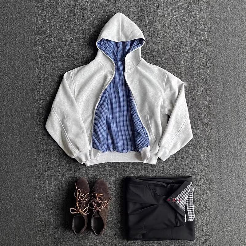 2026 New Men's American Plaid Zipper Hoodie Cardigan Jacket - Cleanfit Vibe Short Wide Design