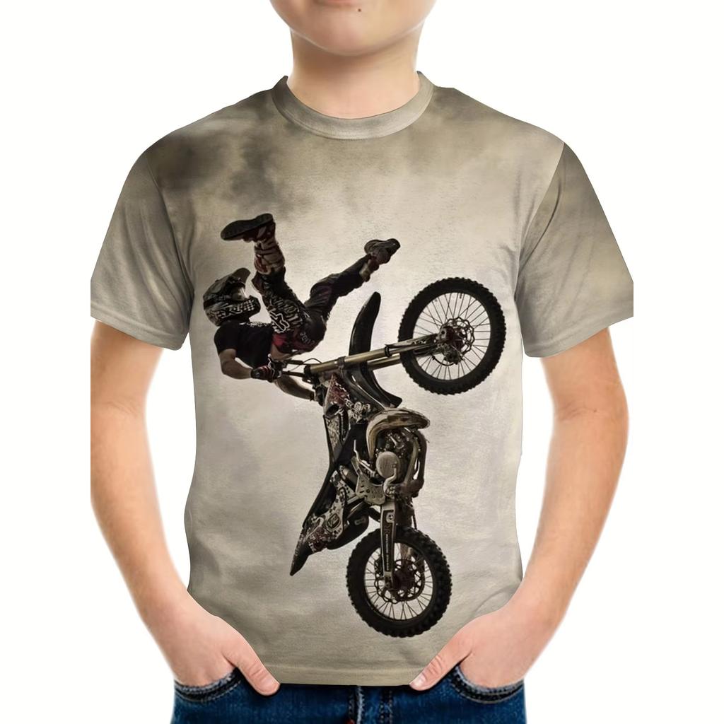 Boys' Motorcycle 3D Print T-Shirt Fashionable Cool Pattern Top Summer Kids' Short Sleeve