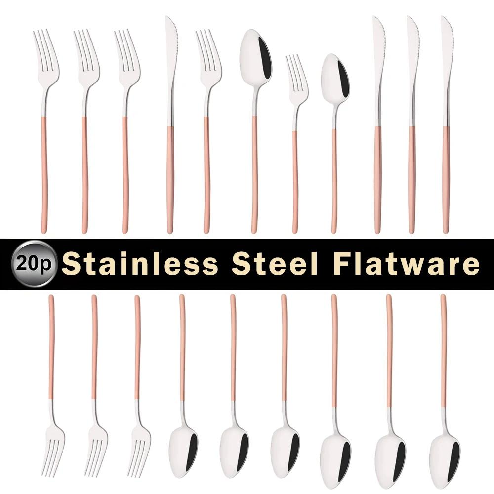 20Pcs Mirror Pink Gold Flatware Cutlery Set Sainless Steel Home Dinnerware Party Fork Spoon Knife Kitchen Dinner Tableware Set