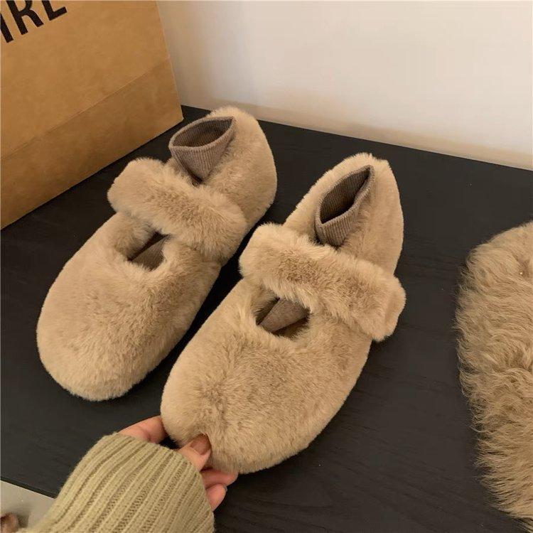 White Mary Jane Fluffy Shoes for Women's Winter Wear 2024 New Winter Velvet Soft-soled One-pedal Doudou Cotton Shoes