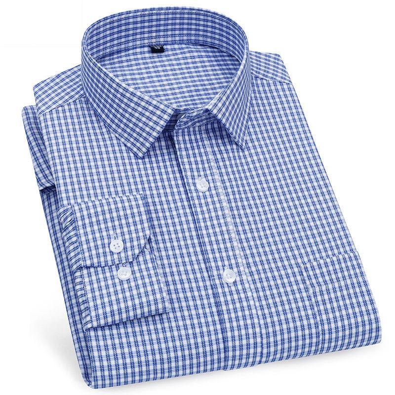 Striped Plaid Checked Men's Business Casual Shirts Regular Fit Long Sleeve White Blue Cotton Social Work Dress Shirts KOACUS