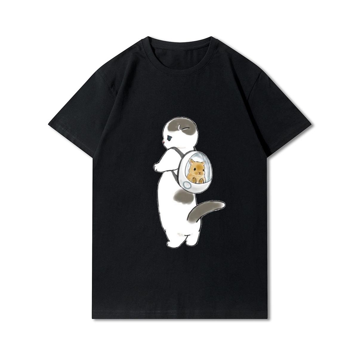 

Женские футболки больших размеров с принтом кошки и акулы, хлопковые топы с круглым вырезом, летние повседневные черные футболки с животными большого размера S