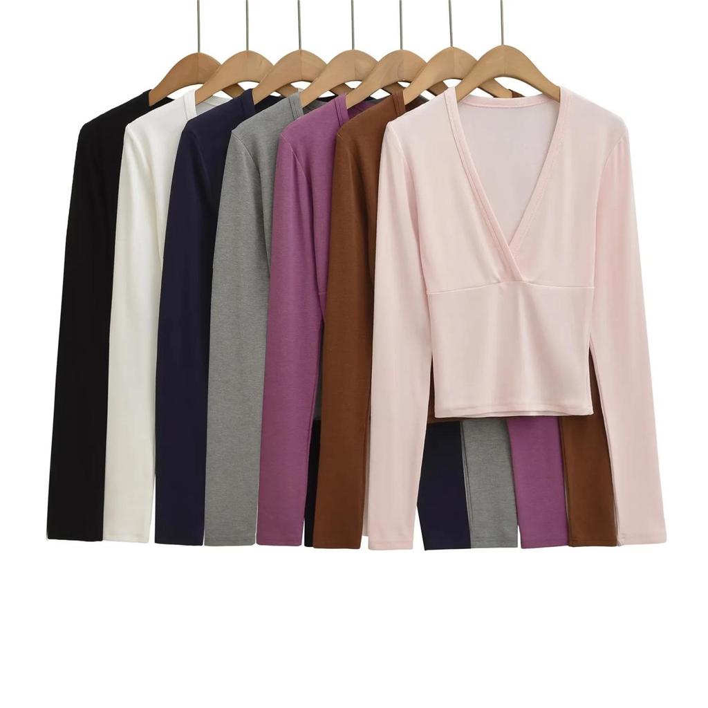 Women's Spicy American Deep V-neck Waist-cinching Long-sleeve T-shirt - Slim Fit for Autumn