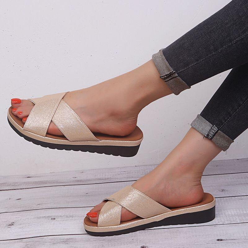 

Summer new wish hot-selling outerwear wedge heel cross toe cool slippers women s summer large size flat slippers 43 золотой