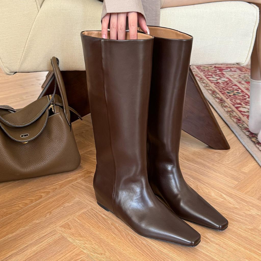 Cowhide version of the new Maillard wide tube square head knight boots inner height increase and thin boots brown knee boots children