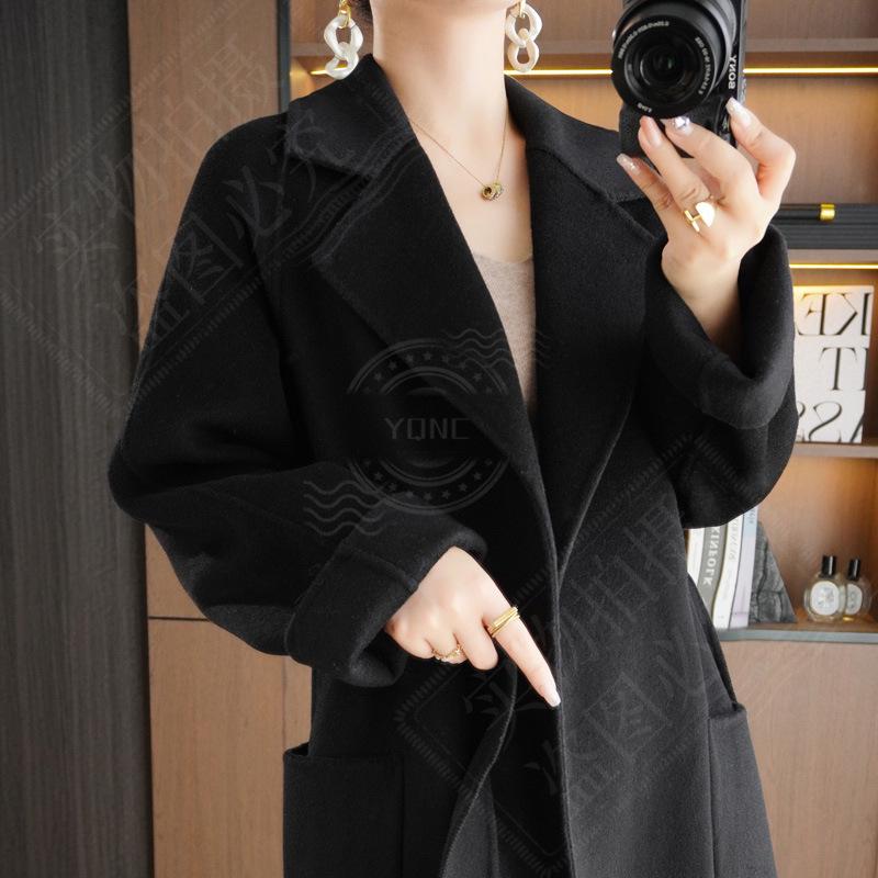 Damen Kaschmir-Mantel in mittlerer Länge im koreanischen Stil, doppelseitig, hochwertig, reine Wolle, lockere Passform für Herbst und Winter