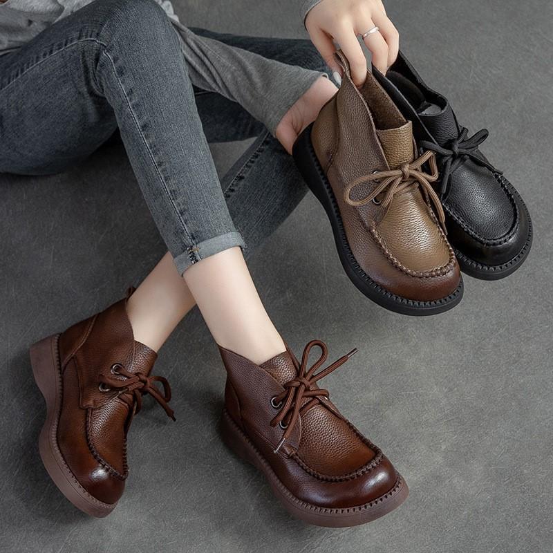 Johnature Retro Women Short Boots Genuine Leather Lace-Up Shoes Handmade Round Toe Soft Sole Flat Boots