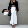 Color Block Satin Midi Skirt Women Flowy Fishtail A-Line Long Casual Elegant Office Wear