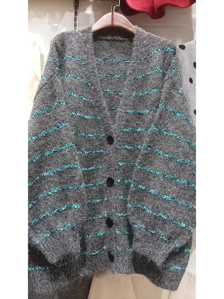 2025 Autumn/Winter Retro Loose Striped Knitted Cardigan - Women's Lazy Style Sweater Coat