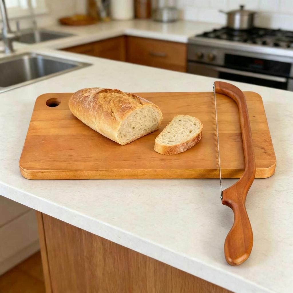 Wooden Bread Slicing and Cutting Board Set with Serrated, Portable Kitchen Accessory for Home Use