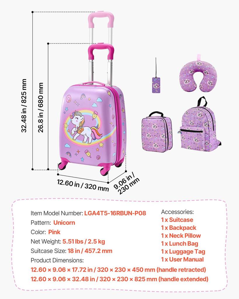 Kids Luggage Set, 5 Piece, 45.7 Cm Hardside Rolling Wheels Suitcase with Backpack & U-shape Pillow, Unicorn Kids Carry On Luggage Set, Holiday