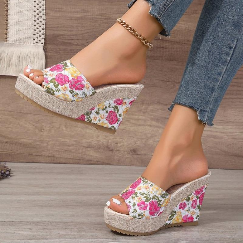 2026 New Women Shoes Fashion Shoes Casual Flip Flops Summer Bohemia Vintage Floral Print Peep Toe Wedge Slippers