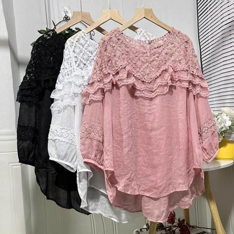 

2024 New Summer Women Lace T-Shirt Plus Size Loose Casual O-Neck Big Tops Basic Short Sleeve T-Shirt Dimanaf One Size білий