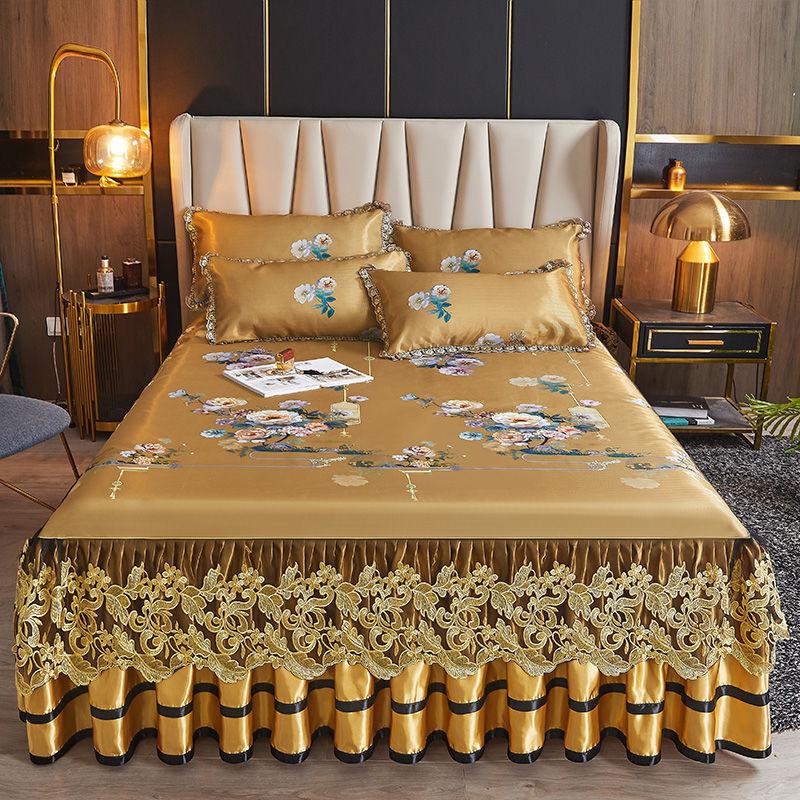 Summer Bed Skirt One-piece Lace Princess Style Ice Silk Bed Cover (Three-piece Set) Machine Washable Bed Cover
