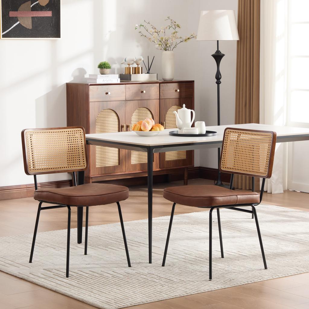 Modern Dining Chair, Set of 2, PU Leather Upholstery In Vintage Style, Without Armrests, Solid Wood Frame, Rattan Look, Adjustable Metal Feet-Brown