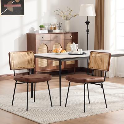 Modern Dining Chair, Set of 2, PU Leather Upholstery In Vintage Style, Without Armrests, Solid Wood Frame, Rattan Look, Adjustable Metal Feet-Brown