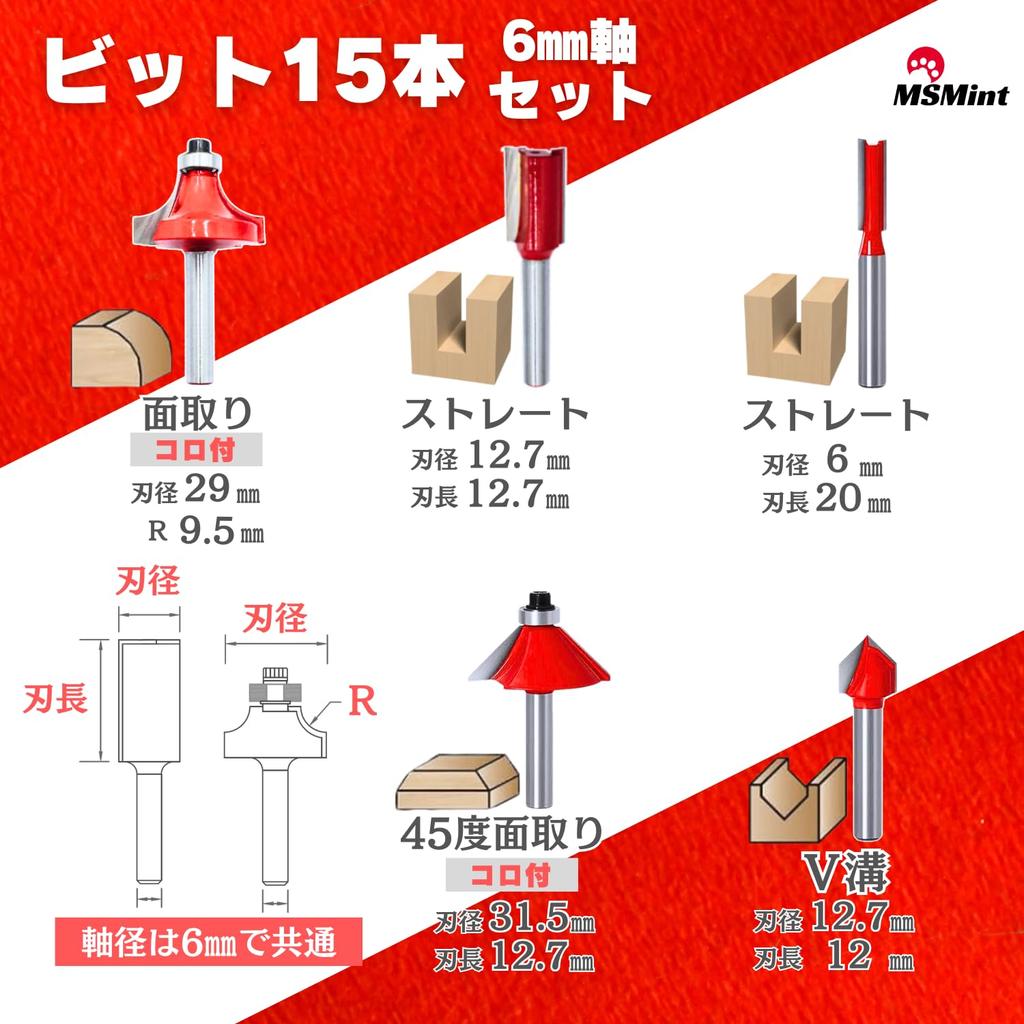 MSMint Routerbit, Trimmerbit, 0,2 tum (6 mm) Skaft, Sats, Rak, Pärlstickning, Fas, Rund