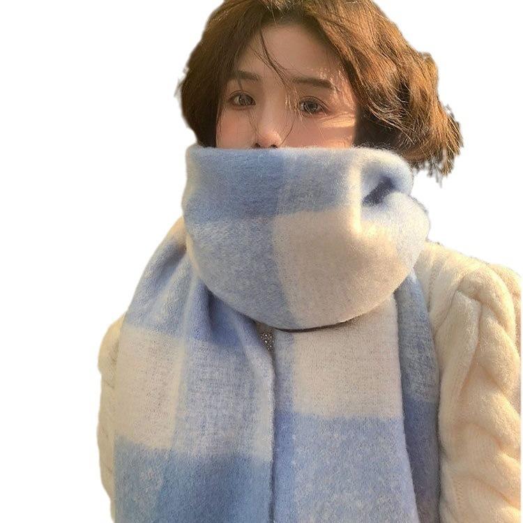 Korean Style Blue and White Plaid Mohair Women's Scarf for Women In Autumn and Winter Versatile Soft and Waxy Warm Imitation Cashmere Scarf Thickened