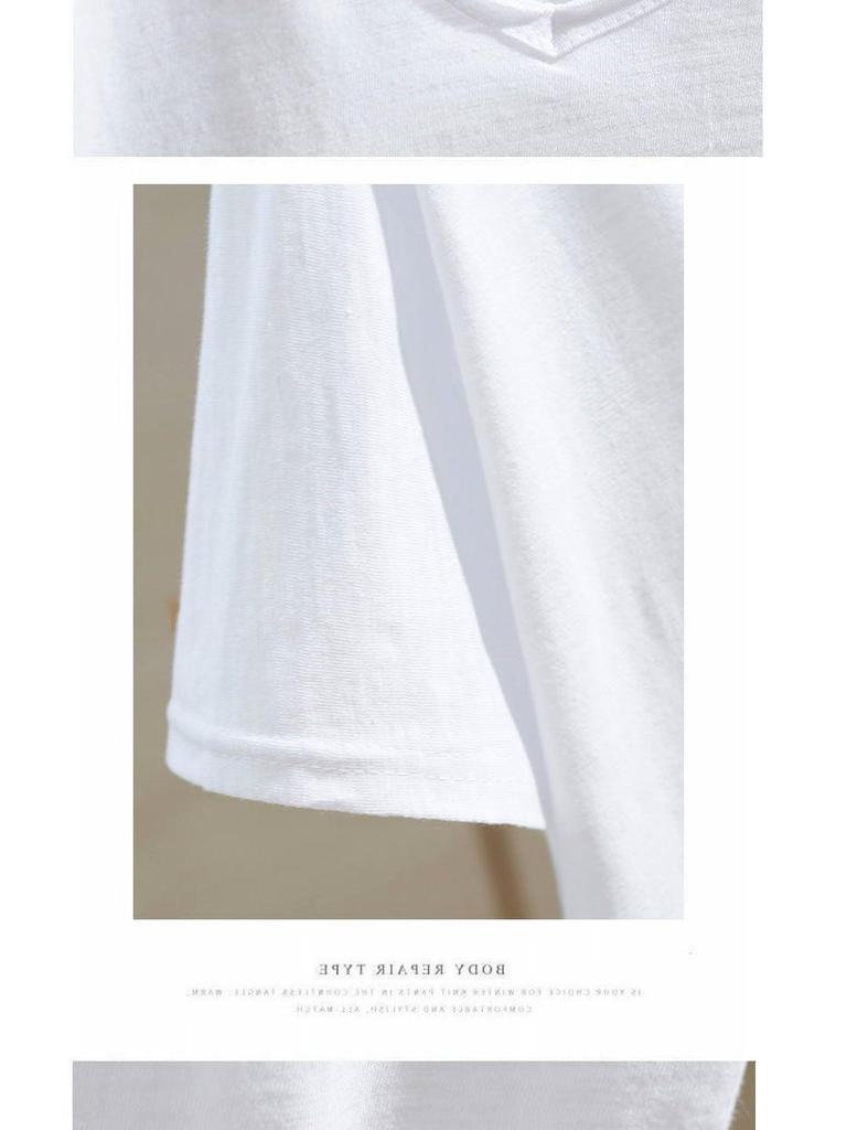 Damska koszulka z dekoltem V, krótkim rękawem, wykonana z bawełny bambusowej - Lato 2025, Styl koreański, Casualowa, Biała baza