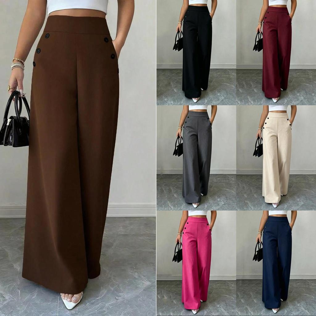 Women High Waist Wide Leg Pants Double Button Loose Fit Straight Leg Trousers Casual Style