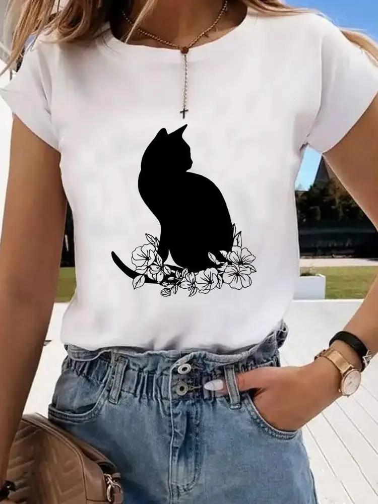 Short Sleeve Print Clothes Women Spring Summer FeUnisex Tee Fashion Cat Love Sweet Valentine Shirt Lady Graphic Tshirt Clothing