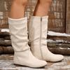 Pleated Design Slip on Western Boots for Woman Flat Suede Flock Thick Heels Cowboy Boots Woman Side Zipper Mid-calf Short Botas
