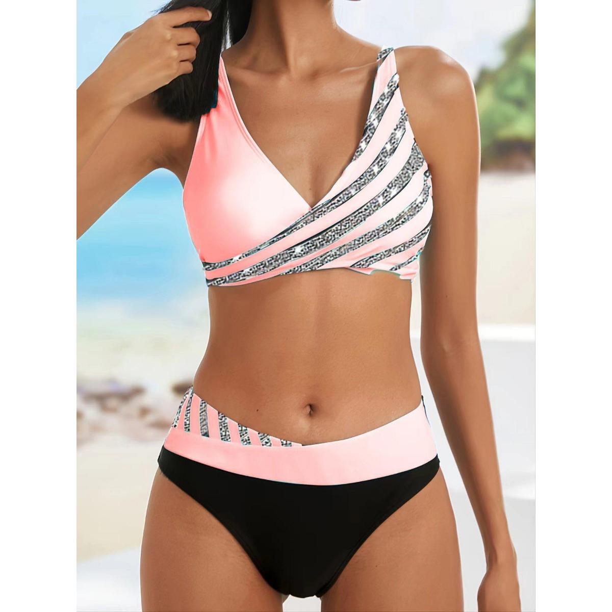 Modischer gestreifter Bikini-Set mit Druck, Sexy zweiteiliger Badeanzug, Charmant stilvoller Badeanzug S white
